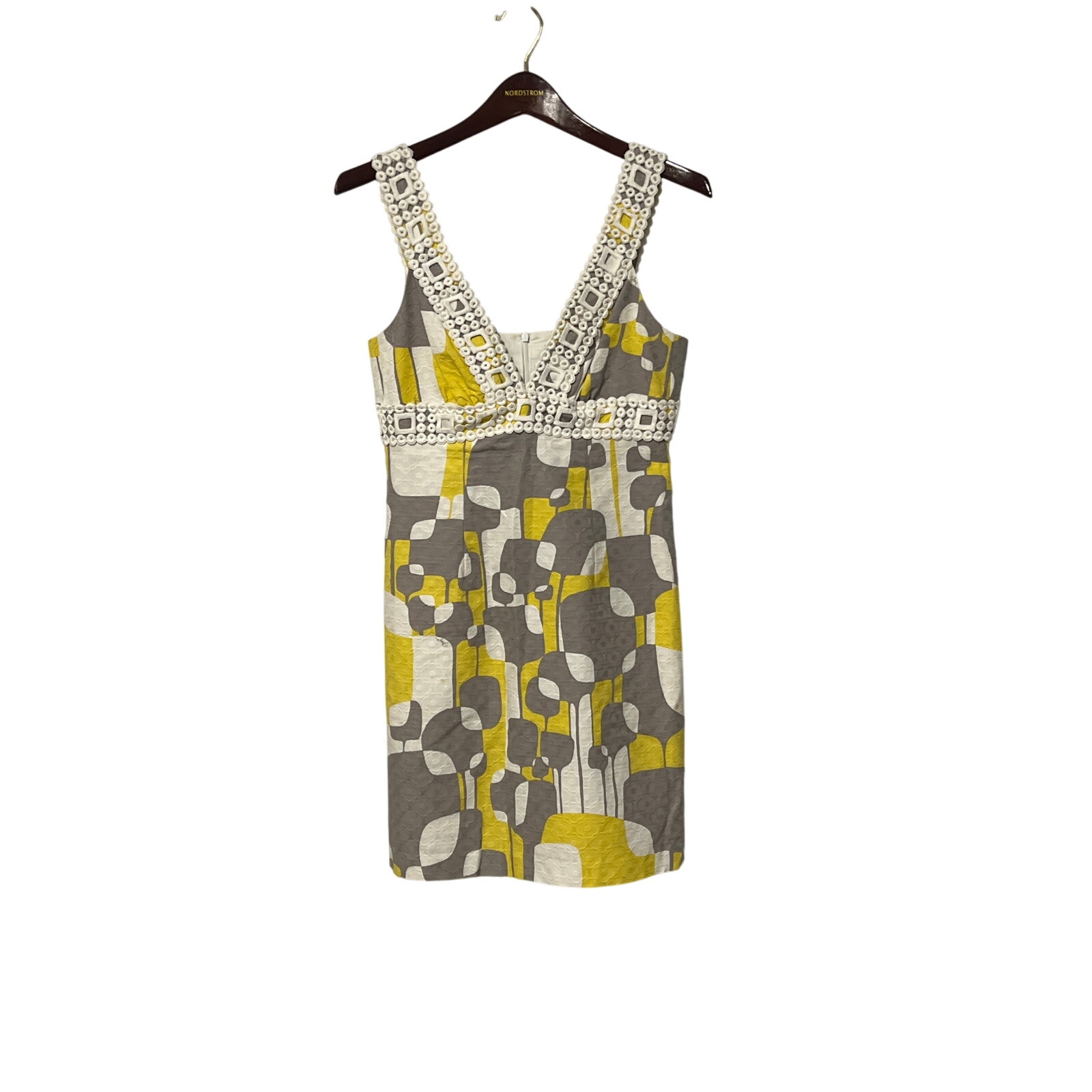 Trina Turk, New, Crochet Trim, Yellow Gray Mini Dress, Size 4, Kb415
